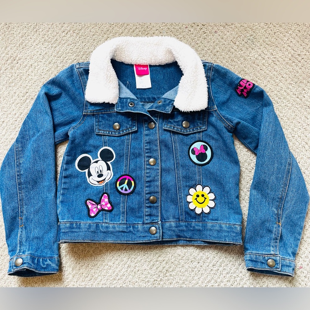 Disney Minnie Mouse Girls Denim Jean Jacket Faux Sherpa Collar Patches 7/8